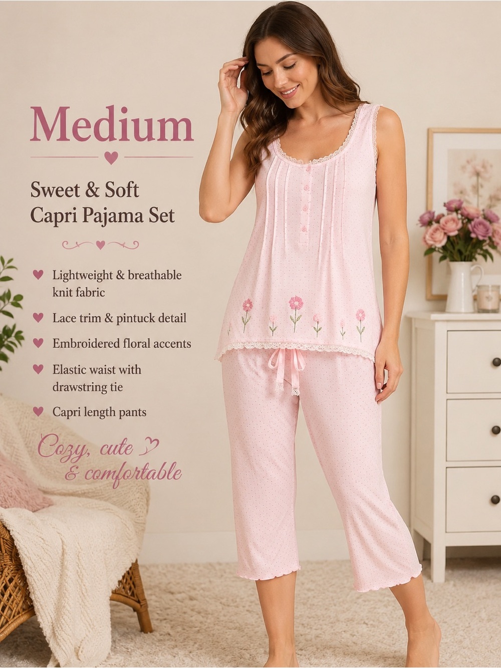 Pink Cottagecore Capri Pajama Set M Lace Floral Embroidered